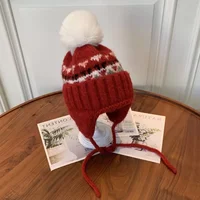Winter Warm Children Knit Hat with Ear Flaps Pom Pom Beanie Ethnic Pattern 2-8Y Boys Girls Thermal Cap