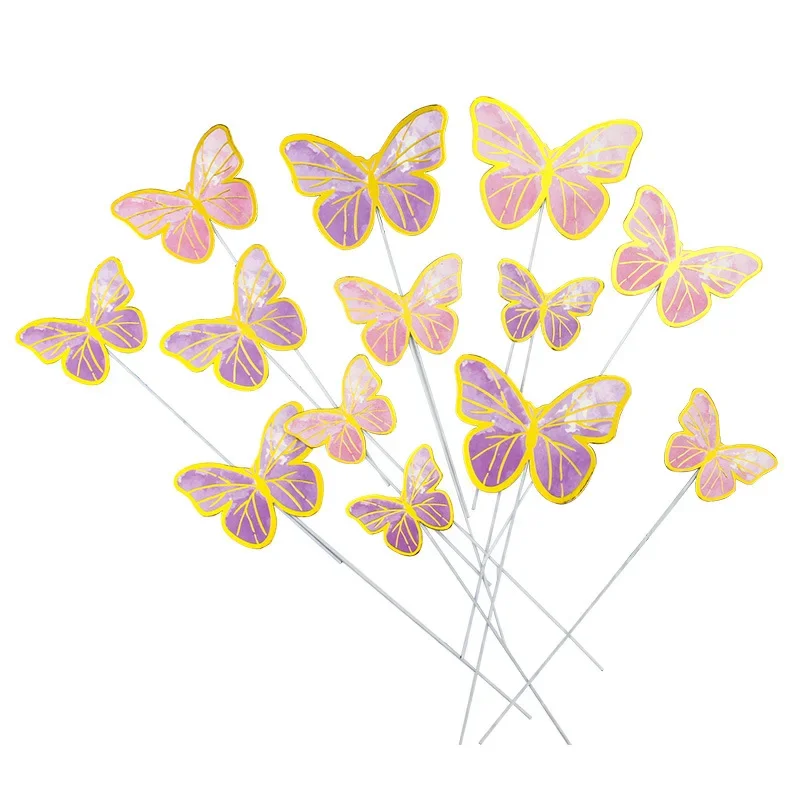 Cake Topper 10pcs Stamping Gold Pink Butterfly Cake Toppers Princess Girl Wedding Happy Birthday Party Decor Dessert Cake Decor Butterfly