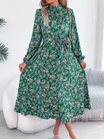 Floral Stand Up Collar Bridesmaid Dress 2026 Spring Summer Elegant Long Sleeve Waist Cinched Pleated Dresses Valentine's Day - Image 3