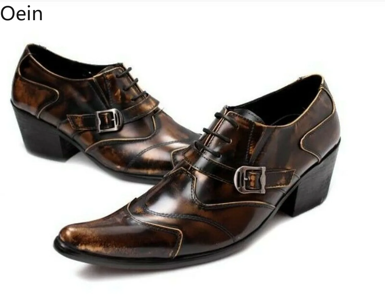 

Vintage Men Pointy Toe Buckle Lace Up Oxfords British Heel Shoes Genuine Leather Brogue Wingtip Business Plus Size New 2023