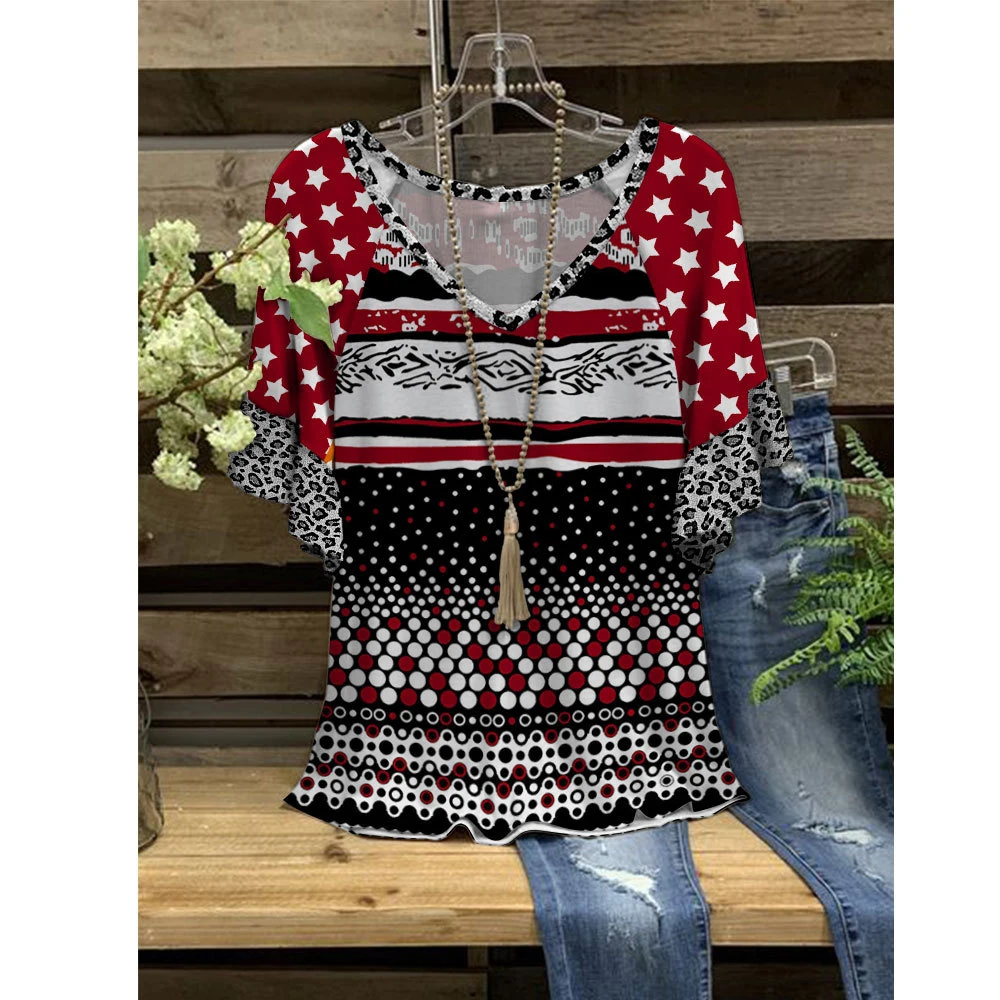 

Women Top 3D Bohemia Printed T-Shirt Loose Ruffle V-Neck Short Sleeve Casual T-Shirt Summer Streetwear