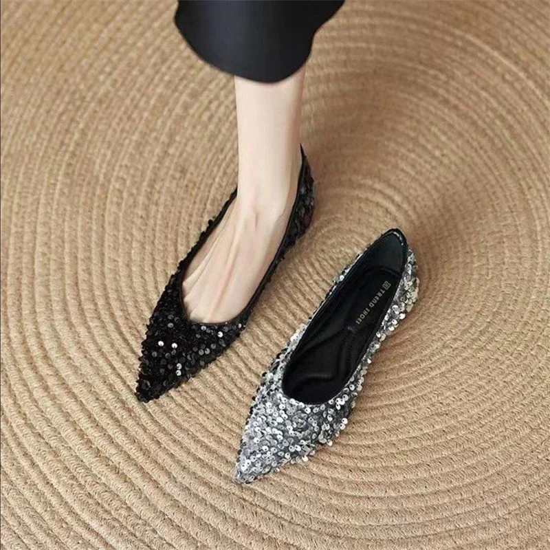 Pointed flat sole single shoe sequin casual versatile soft sole shallow cut women's single shoe women's shoes