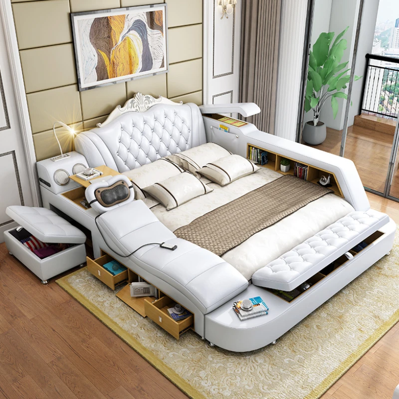 

White Headboard Frame Double Bed Luxury Modern Storage King Size Smart Bed Princess Modern Cama Matrimonial Bedroom Furniture
