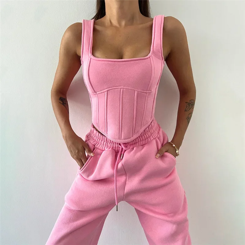 New Lace Up Pants Sets Women Slim Solid Splice Tank Tops Woman Long Sleeve Short Hoodies And Pant Suits Women Outfits Winter