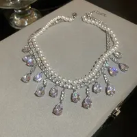 Luxury Rhinestone Crystal Chokers Necklaces For Women Multilayer Imitation Pearl Chain Necklace For Party Wedding Jewelry 1