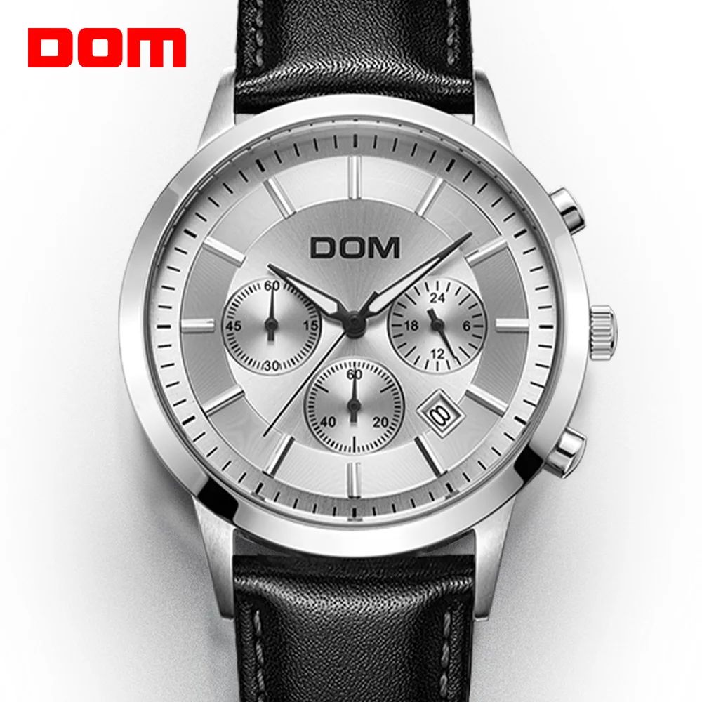 DOM Brand men's watch large dial multifunction sports waterproof genuine leather strap Fashion & Casual men's watches MS-301