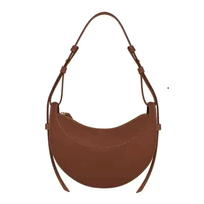 French Fashion Genuine Leather Women's Single Shoulder Crescent Bag with Niche Design, Zipper Convenient and  Practical