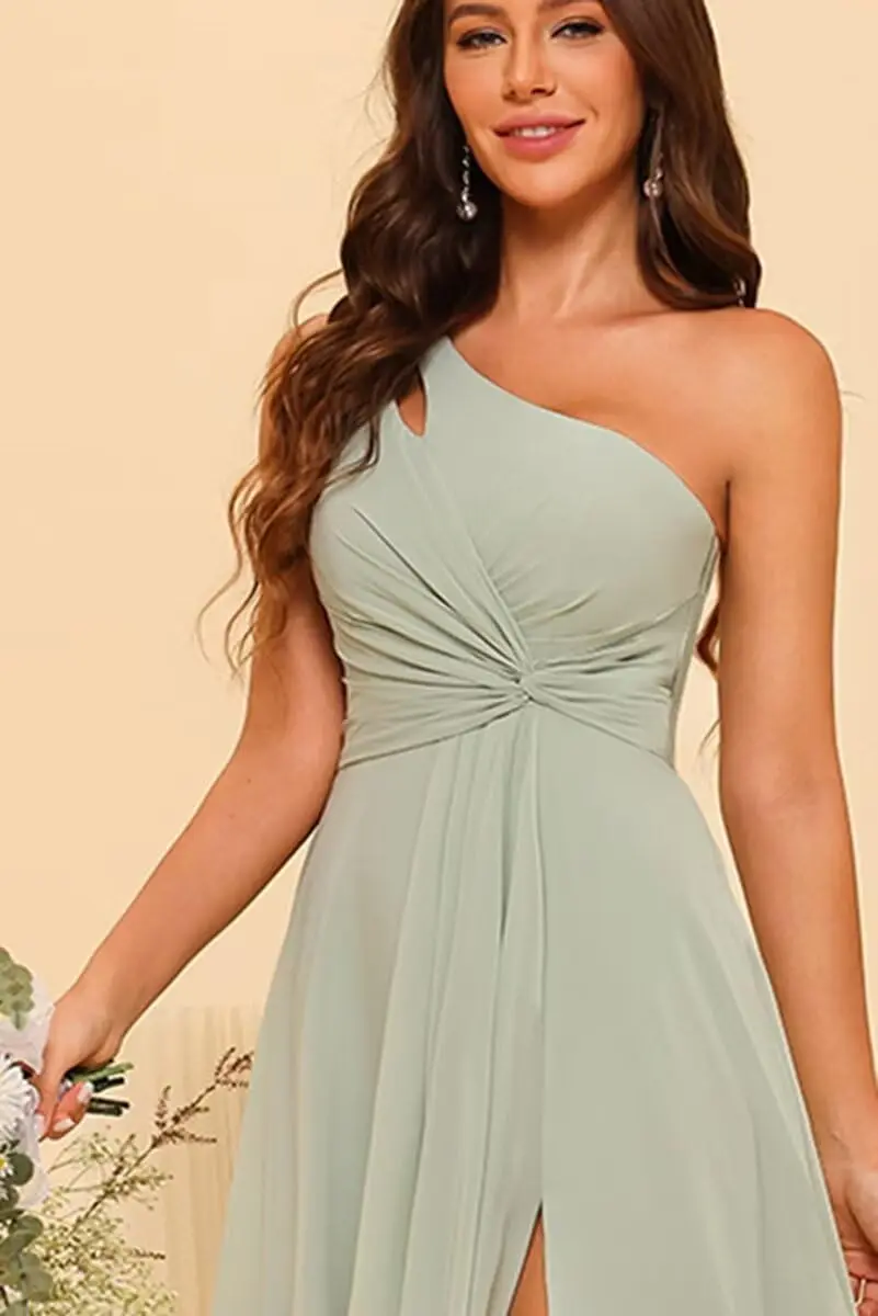 Customized Chiffon One Shoulder Bridesmaid Dress with Pleated Bodice Long A Line Formal Dresses for Women with Slit - 3