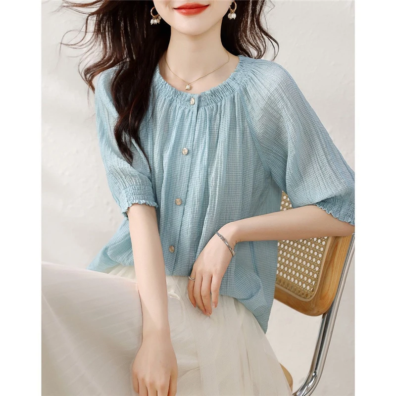 Women's Clothing Summer Trendy Chic Elegant Button Up Shirt Casual Short Sleeve Sweet Blouse O Neck Loose All Match Tops Blusas