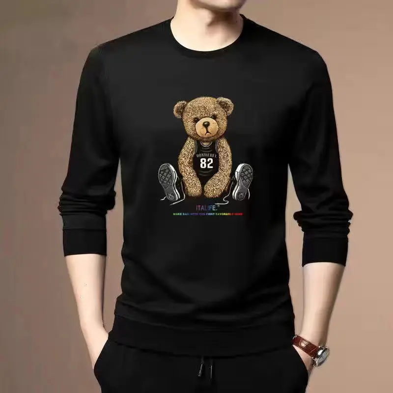 Spring Autumn Men's Pullover Round Neck Solid Letter Cartoon Printing Lantern Long Sleeve T-shirt Hoodies Casual Loose Tops