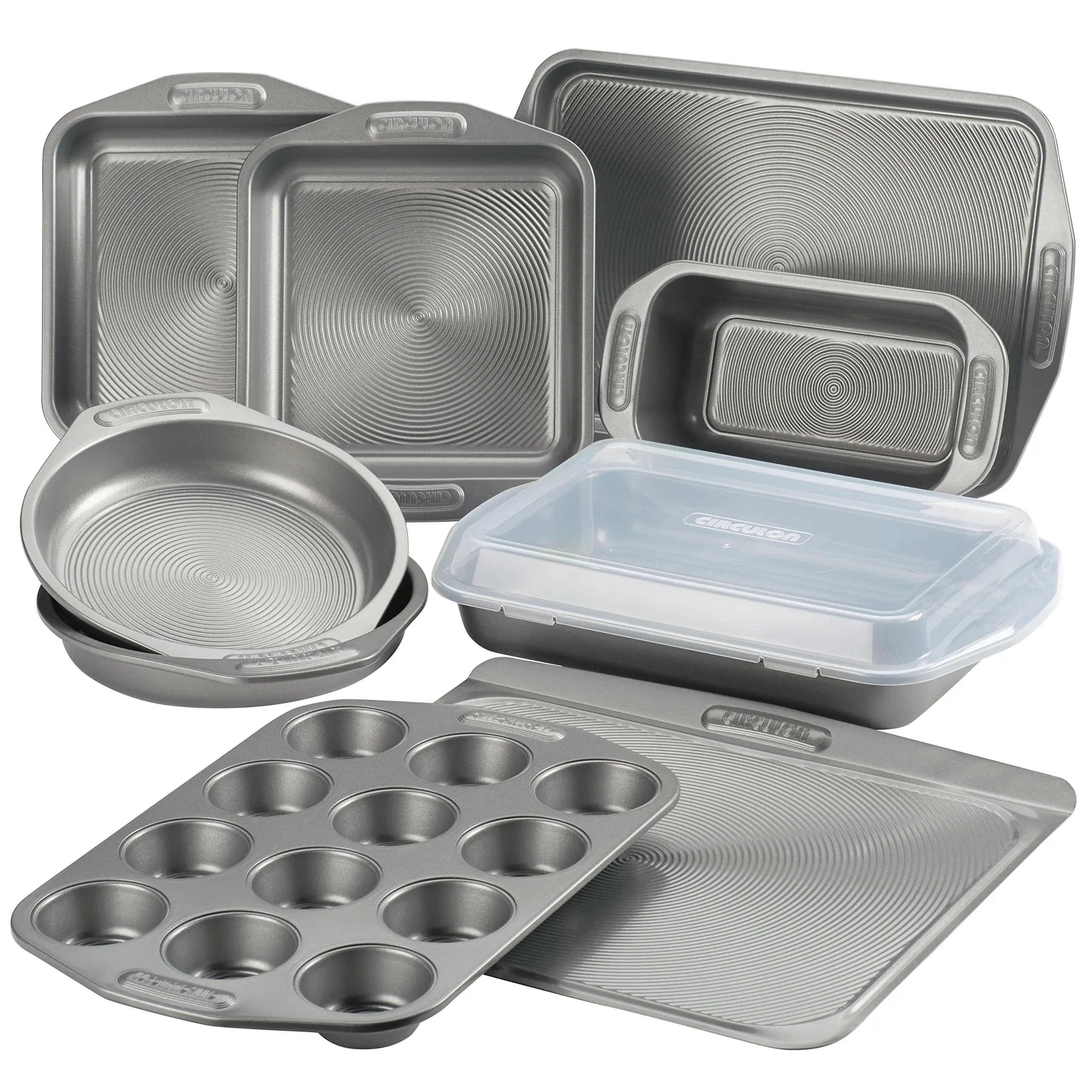 

Nonstick Bakeware Set - 10 Piece with Bread Pan, Cookie Sheet, Baking Sheet, Cake Pan, and Muffin, Cupcake Pan, Gray