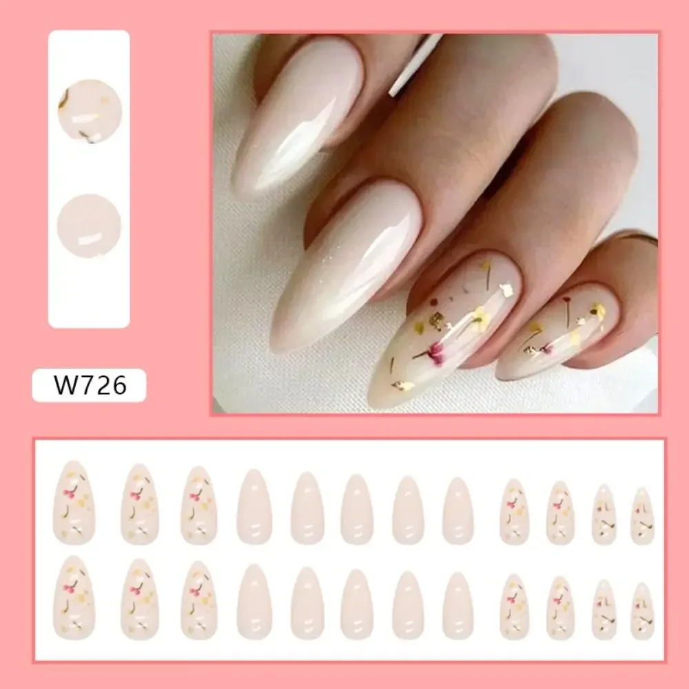Manicure Long Almond False Nails Flowers French Fake Nials Purple Love Heart Detachable Press on Nails Women