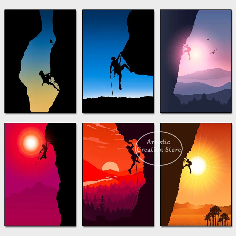 Abstract Rock Climbing Adventure Poster Prins Canvas Painting Mountain Sun Wall Art Pictures For Living Room Home Decor Gifts