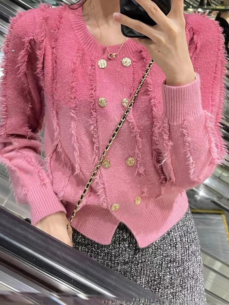 

High Quality Tassel Round Neck Knitted Cardigan Double Breasted Sweater 2023 Winter New Fashionable Women'S Clothing
