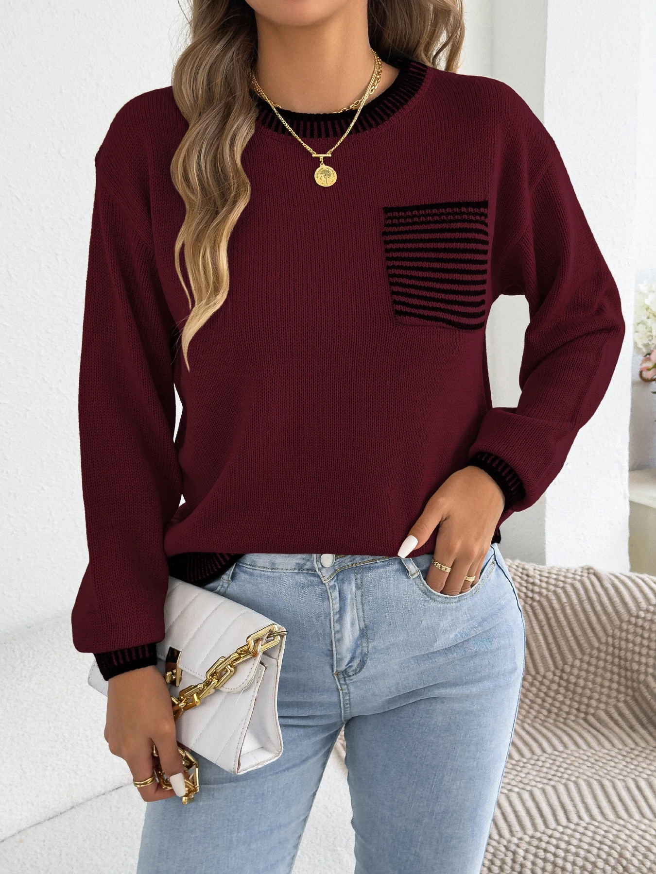 Women Casual Color Block Striped Sweaters