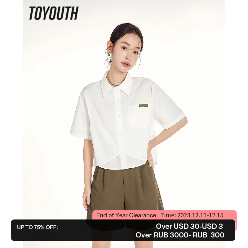

Toyouth Women Shirts 2023 Summer Short Sleeve Polo Neck Loose Blouse Short front Long Back Design Pure Cotton Casual Chic Tops