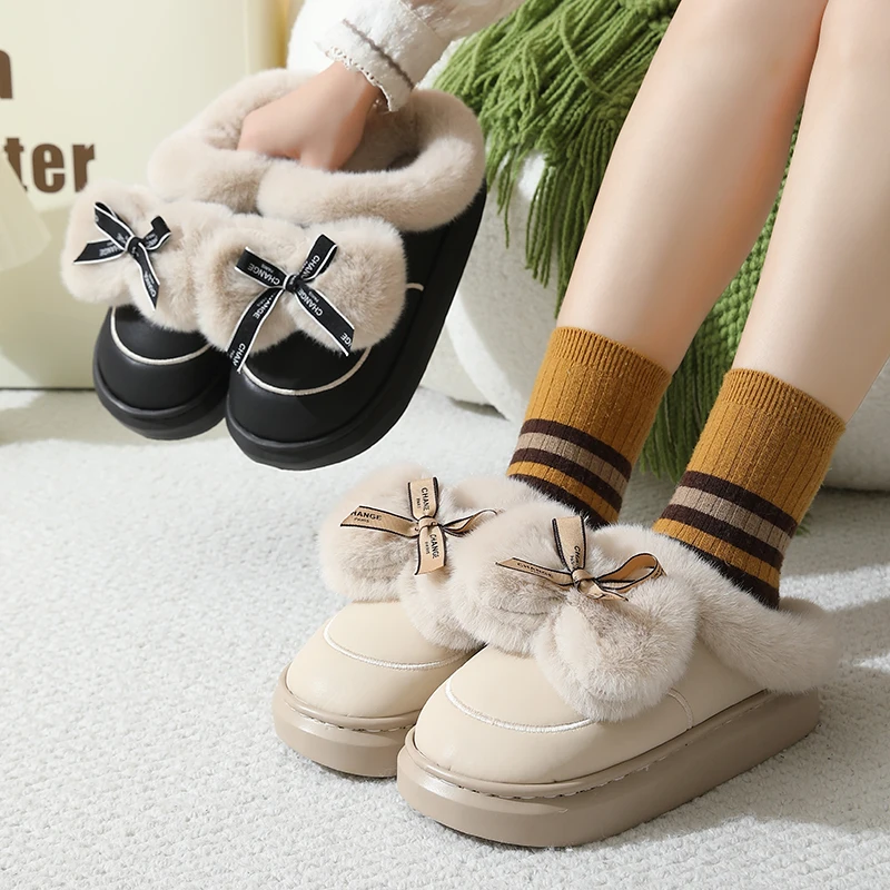 Korean Fluffy Bowknot Cotton Slippers Women 2025 Winter Indoor Non Slip Warm Fur Slippers Woman Comfortable Thick Soles Shoes