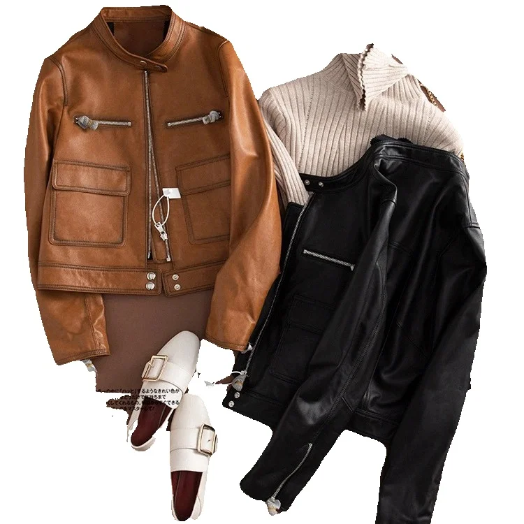 

New Genuine Leather Jacket For Women, Slim Fit Short Style, Semi Vegetable Tanned Sheep Skin, Slimming Motorcycle Jacket For Wom