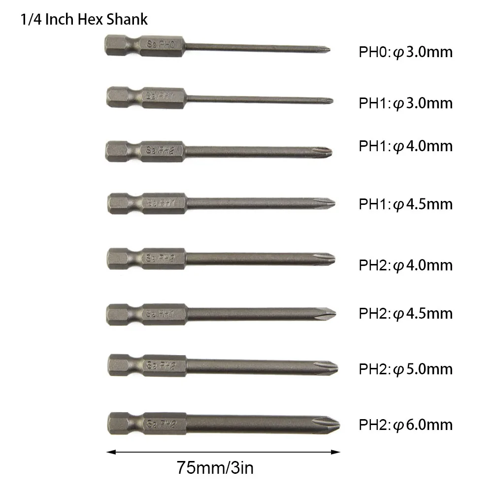 

8pcs 1/4 Hex Shank Magnetic Cross Screw Head Screwdriver Bits Set 75mm Alloy Steel Screw Driver Bits Hand Tools PH0 PH1 PH2