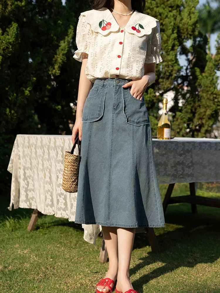 MISHOW Summer Women's Denim Skirt Korean Vintage Design Office Lady Mermaid Midi Skirt 100% Cotton Woman Clothes MXB25B0340