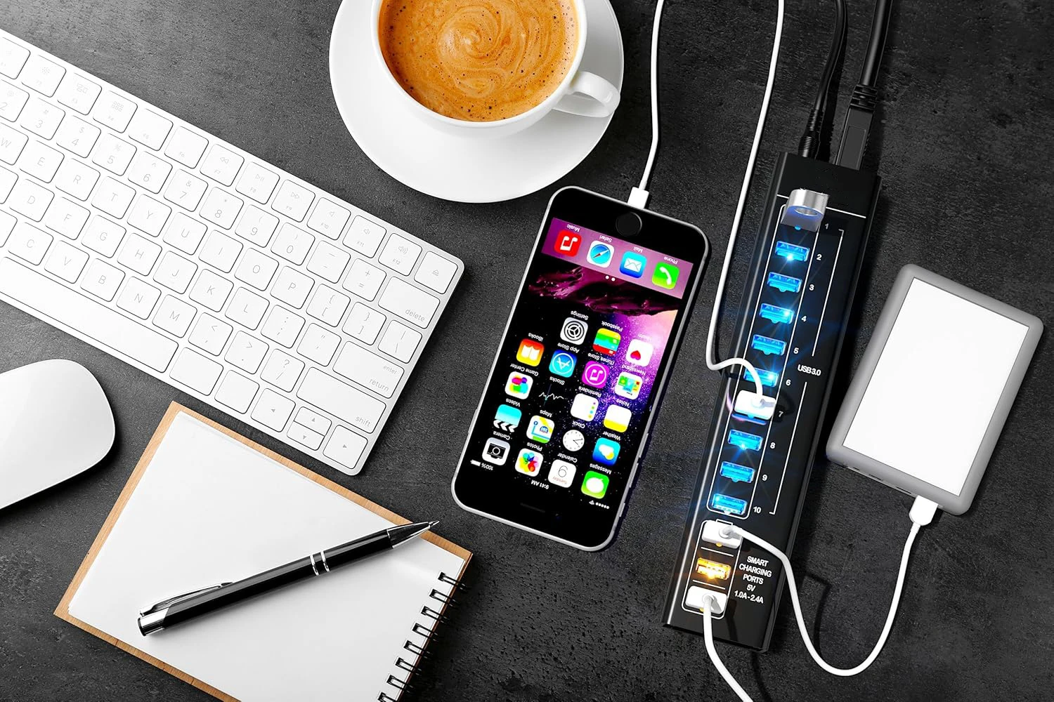 Ultra-Fast Aluminum USB 3.0 Hub with LED Light and Power Adapter