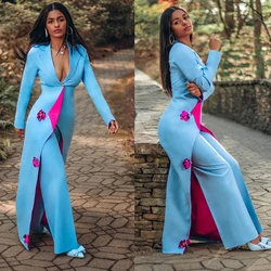 Fashion Deep V Neck Women Suits 2 Pieces One Button Floor Length Jacket Custom Made Evening Gowns