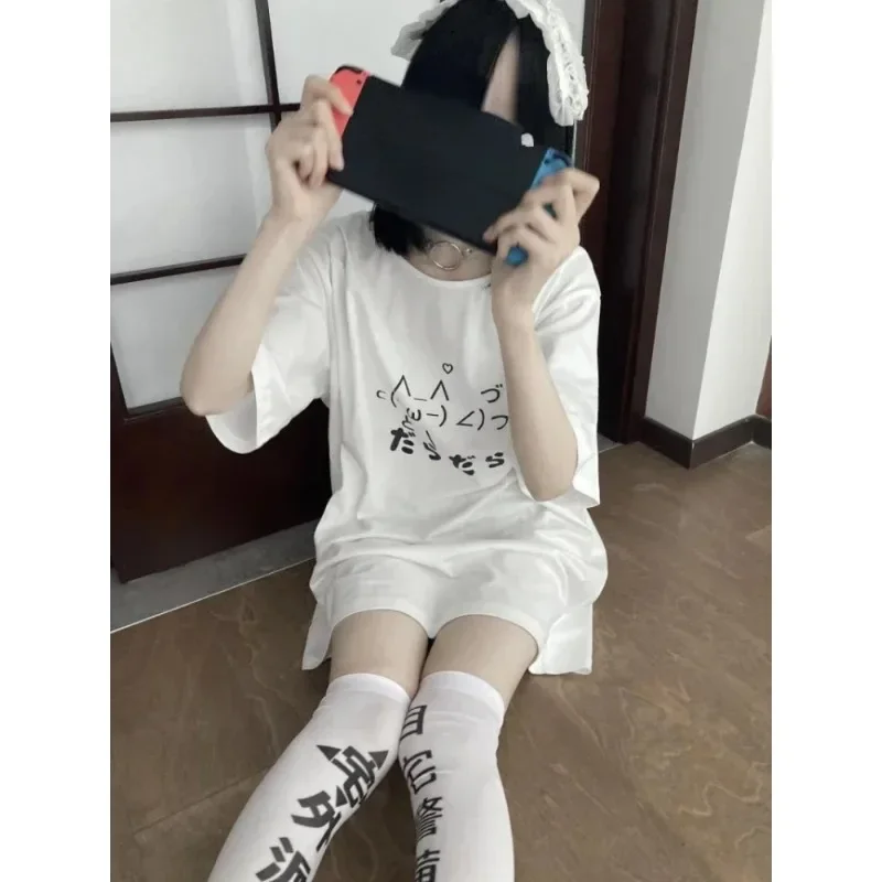 Camiseta holgada y bonita de estética Y2k para mujer camisetas informales con cuello redondo de dibujos animados japoneses 2