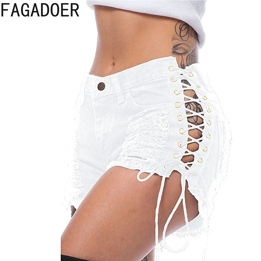 FAGADOER Summer New Hollow Side Bandage Denim Shorts Women High Waisted Button Pocket Slim Jean Fashion Female Cowboy Bottoms