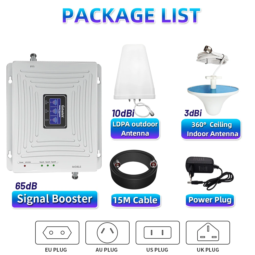 린트라텍 트라이 밴드 휴대폰 셀룰러 증폭기 2G 3G 4G 모바일 폰 네트워크 부스터 GSM DCS 900 1800Mhz 신호 증폭기 세트