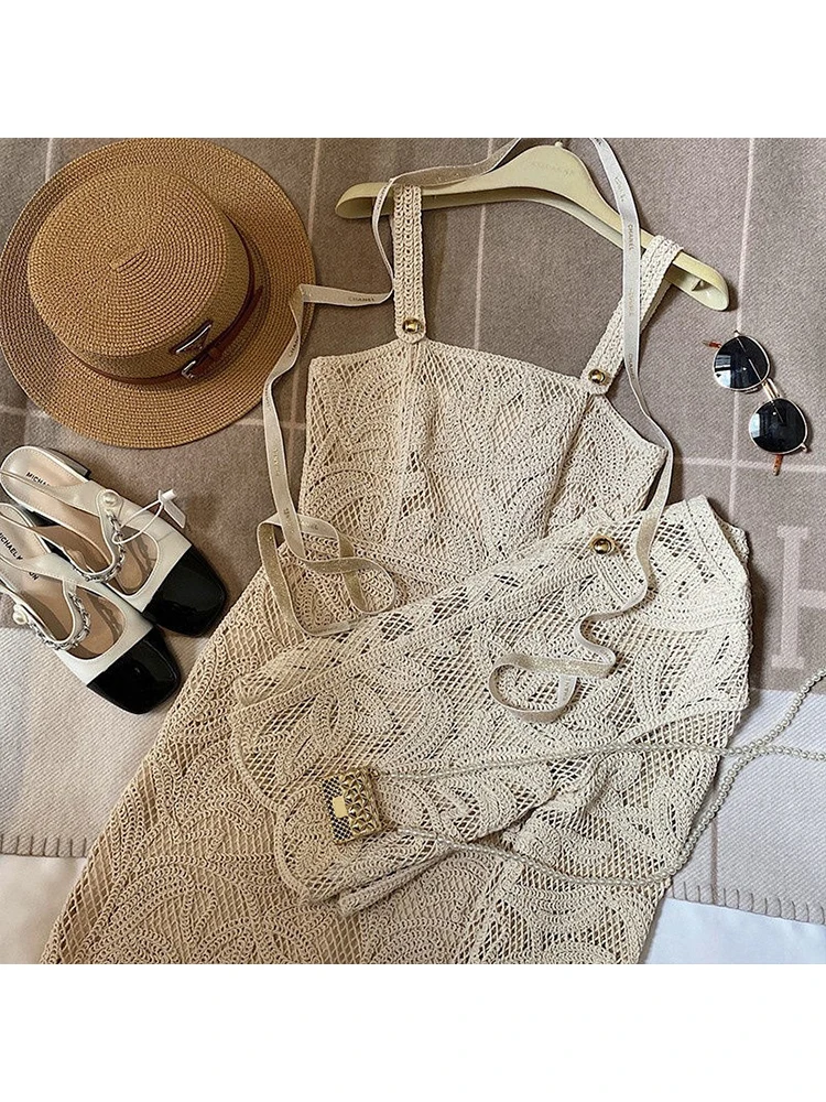 

2023 Summer Elegant Sexy Hollow Out 2 Piece Set Women Sleeveless Camisole Suspender Dress + Vintage Coat Top Two Piece Dress Set
