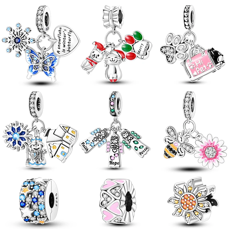 

925 Sterling Silver Blue Snowflake Butterfly Bee Firefly Charms Beads Fit Pandora 925 Original Bracelets DIY Jewelry Gift Making