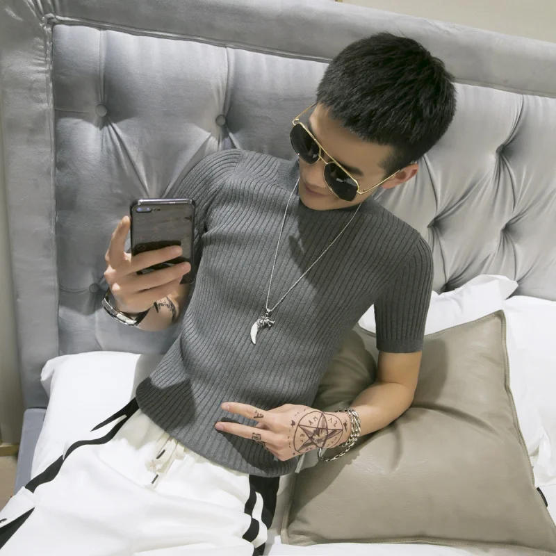 

Футболка мужская Трикотажная с коротким рукавом, пуловер с круглым вырезом, приталенная рубашка в полоску, однотонный топ, T42, весна-лето