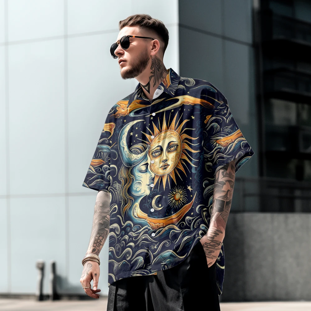 Abstract style casual creative design men's short-sleeved shirt summer loose large size thin lapel shirt