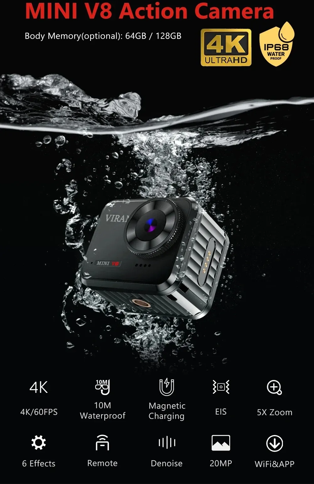 4K HD 미니 액션 카메라, V8 와이파이 60FPS, 리모컨 스크린, 방수 DV 스포츠 캠코더, 드라이브 녹음기, 무선 웹캠