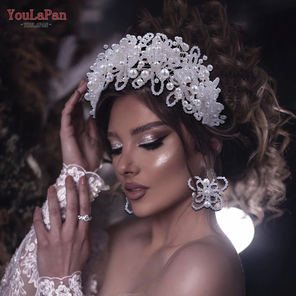 

YouLaPan Pearl Bridal Headbnad Crystal Wedding Tiara Handmade Woman Hair Accessories Bride Headdress Banquet Hair Ornament HP485