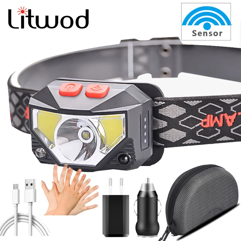 

Sensor Zoomable Head Lamp Headlight Bulbs Lights Built in Battery Led HeadlampRunning Waterproof White & Red Color