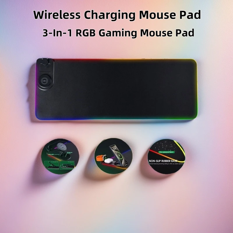 RGB Gaming Mouse Pad Magnetic Wireless Charger Atmosphere Light Portable for Phone Watch PC Laptop Mouse Mat 3-in-1