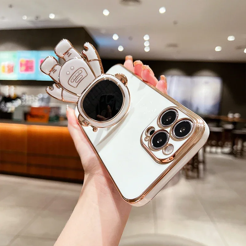Electroplated Astronaut Bracket Phone Case with Silicone Protective Lens Cover