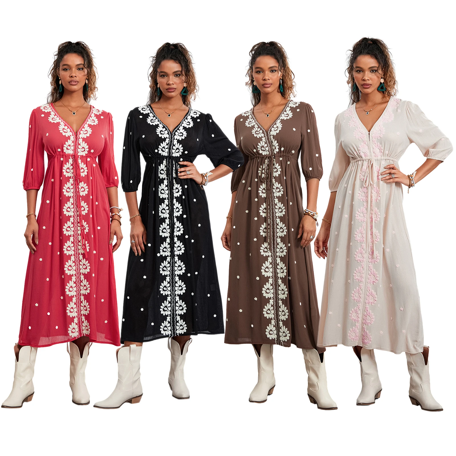 

Women's Floral Embroidered Midi Dress Summer Bubble Sleeves V Neck Bohemian Dresses