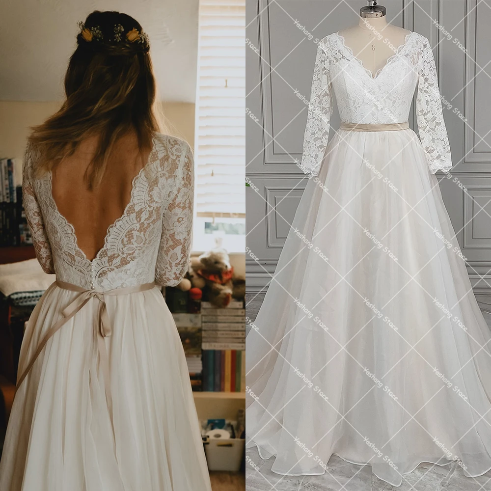 

V Neck Scalloped Lace A Line Chiffon Wedding Dress Drop Ship Three Quarter Sleeves Backless Boho Rustic Backyard Bridal Gowns