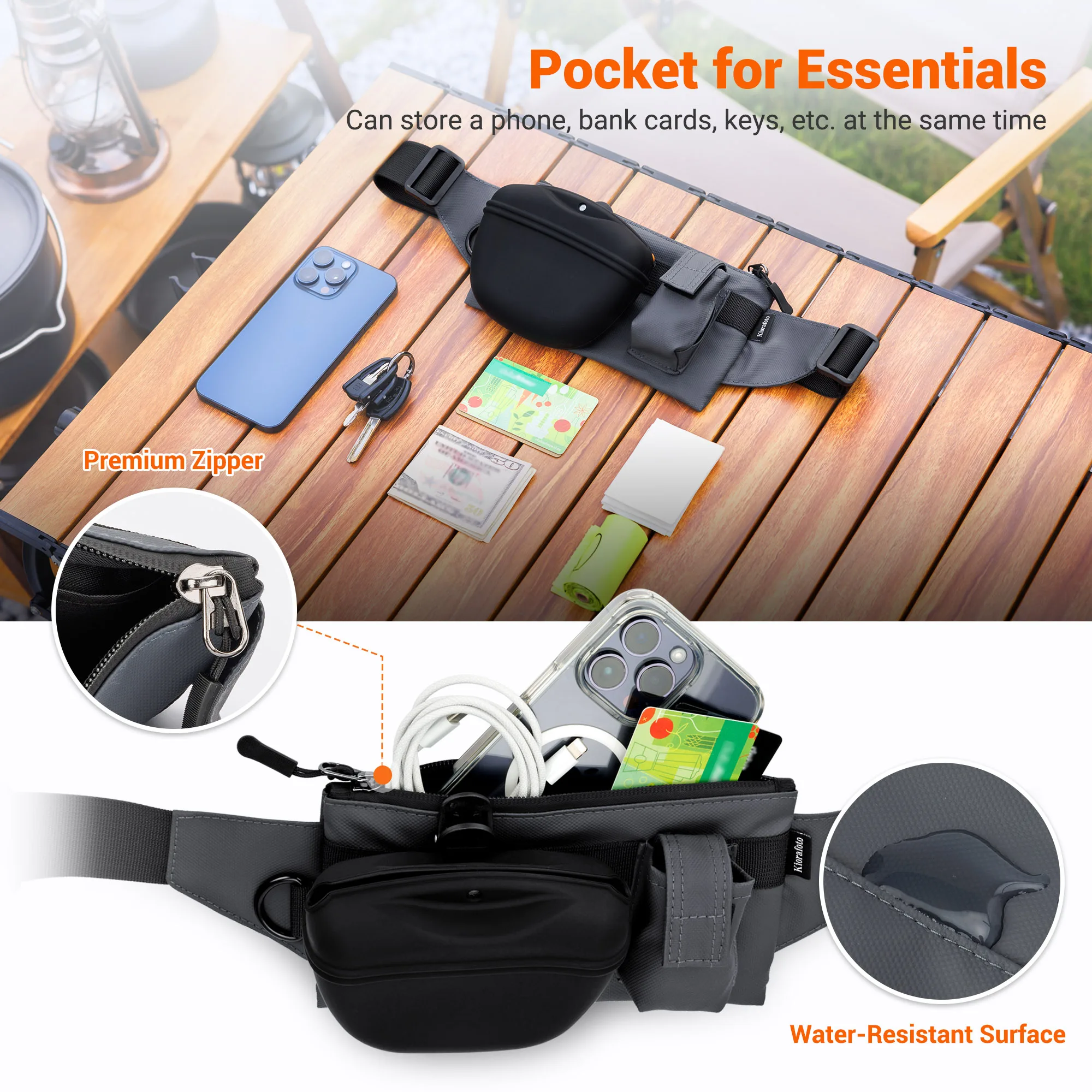 An overhead shot of the gray bag on a wooden table surrounded by a smartphone, bank cards, cash, and keys. A circular inset highlights the "Water-Resistant Surface" with a water droplet and the "Premium Zipper" construction.