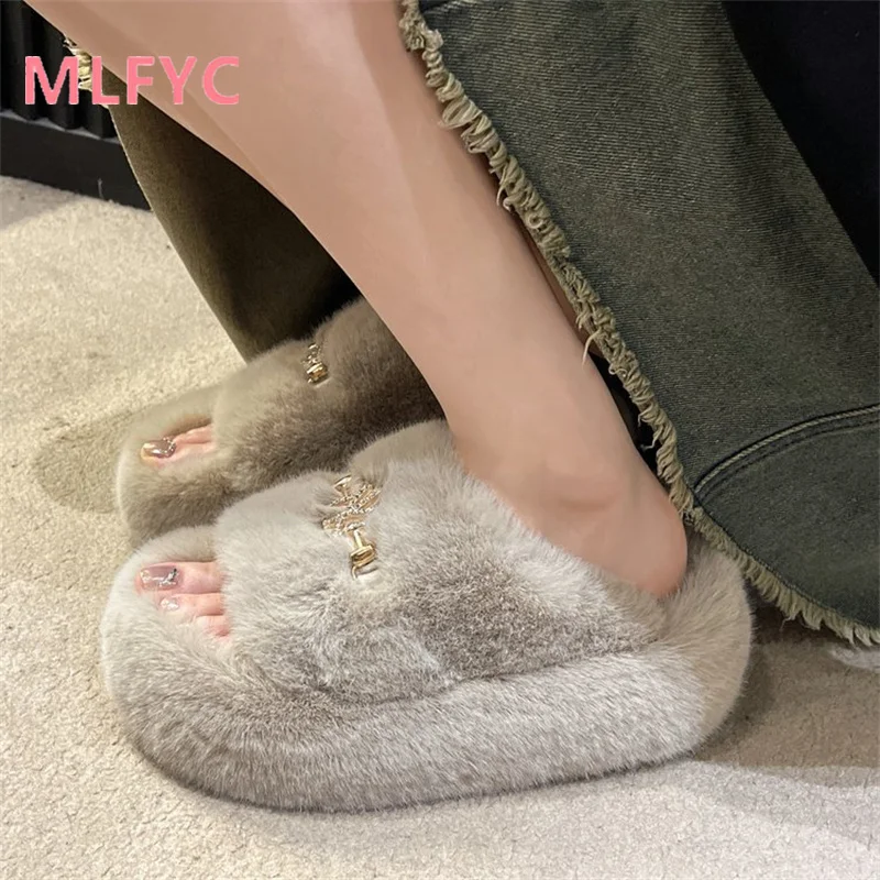 

Mao Mao Slippers for Women Outerwear 2023 Autumn/Winter New Chain Anti slip Thick Sole Warm Large Cotton Slippers