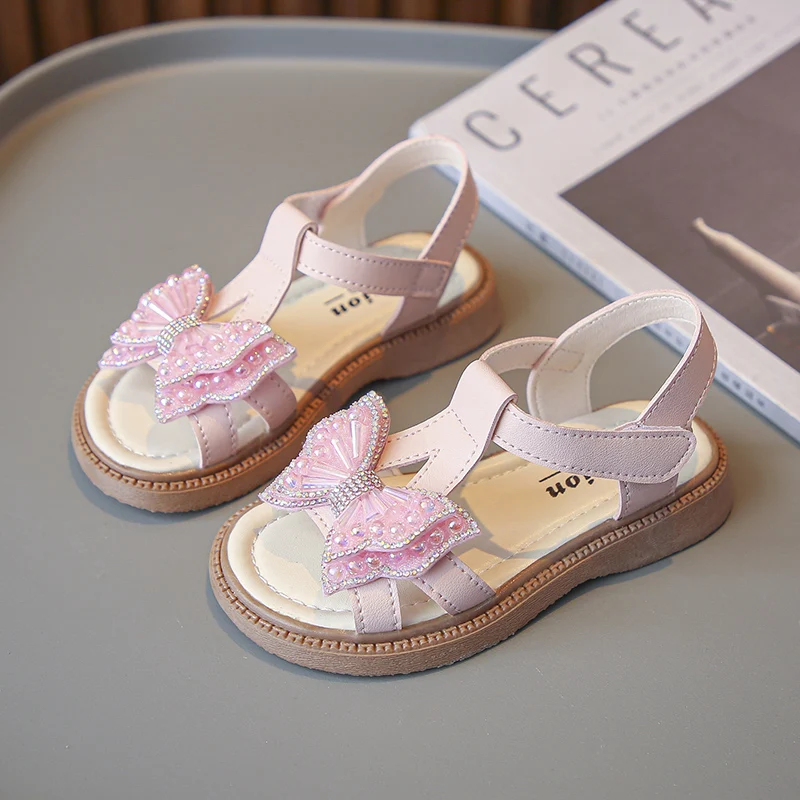 Toddler Girls Sweet T-strap Bowknot Sandals Beach Shoes Kids Princess Sandals 6-15 Years Flats Summer Baby Sandals for Girls 4