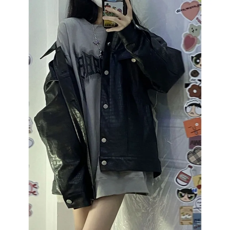 DAYIFUN Oversized Loose Jackets Women Spring Autumn New Leather Long Sleeve Coats Female Embroidered Design Jacket Couples Tops