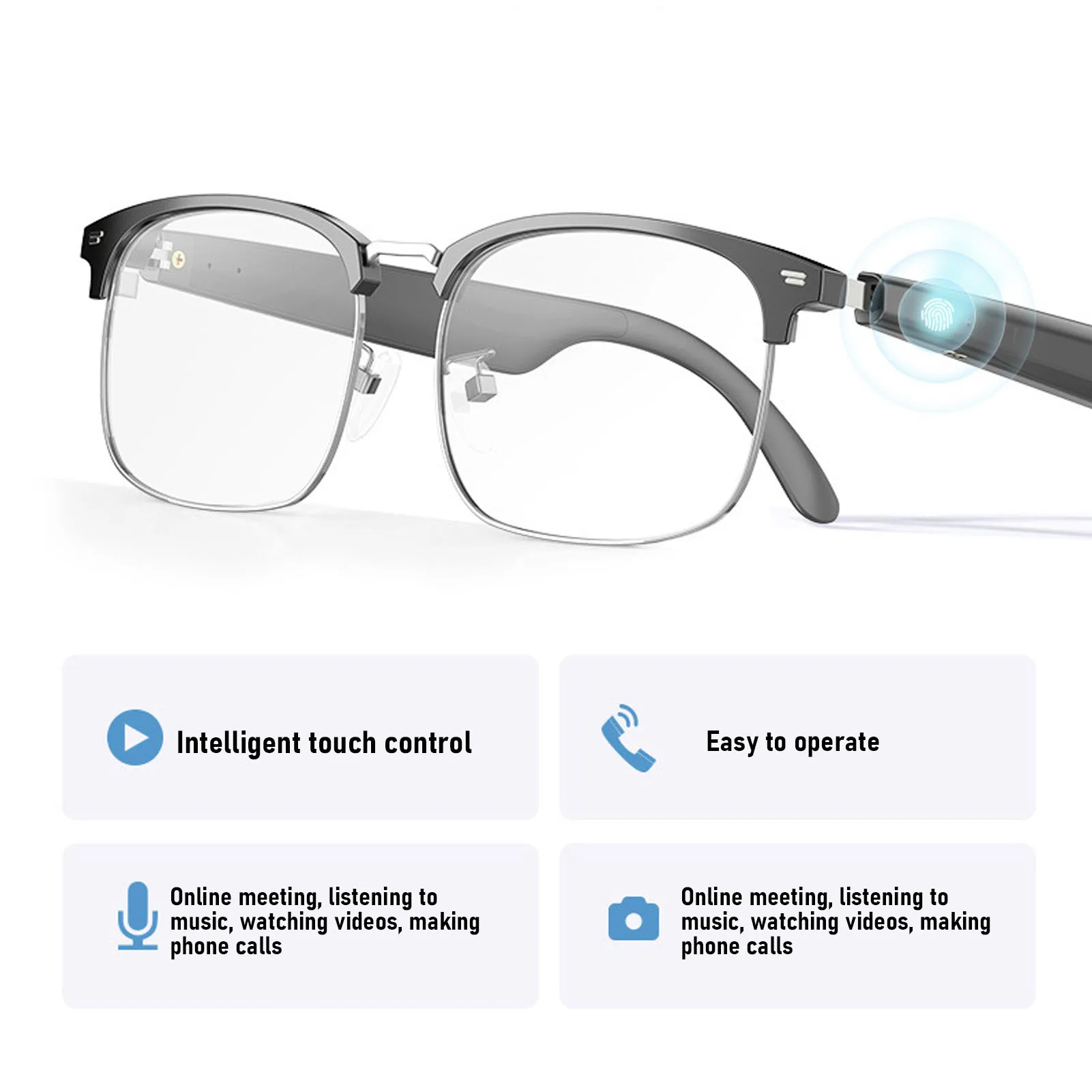 Smart Glasses Bluetooth Glasses Metal Frame Magnetic Charging Remote Photo Shooting Touch Sensor Control PC for Online Meeting 4