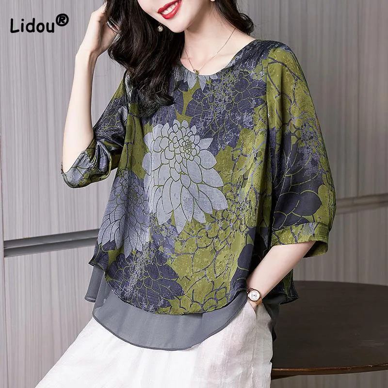 

Vintage Casual Thin Half Sleeve Printing Chiffon Tops Fashion Summer New All-match Round Neck Loose T-shirt Women's Clothing