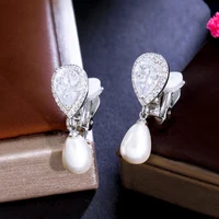 CWWZircons Elegant Design Shiny White Cubic Zircon Dangly Bridal Wedding Party Clip on Pearl Earrings No Piercing Hole CZ496 1
