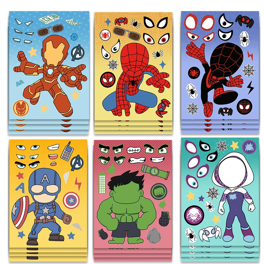 6/12Sheets Disney Marvel Superhero Make-a-Face Puzzle Sticker Anime DIY Phone Laptop Children Cartoon Assemble Jigsaw Decal Toys disney marvel 2022 new children s oblique bag cartoon spider man boys waist bag fashion children s one shoulder oblique bag