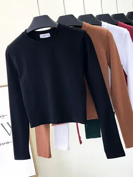 Sexy Black Cotton Women's Clothing O-Neck Long Sleeve Navel Autumn Base Women's Clothing Fashion Casual Ropa Mujer 1