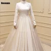 Muslim High Collar A-line Wedding Dresses Full Satin Applique Draped Pleat Floor Length Bride Dress Brush Train robe de mariée 1